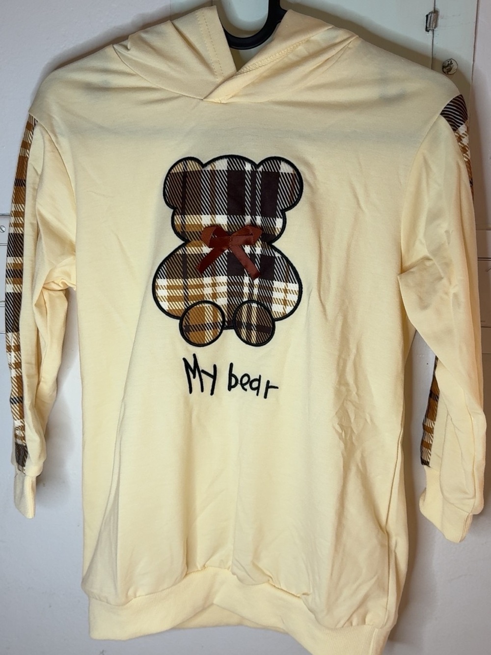 Kids Cream Hooded Top with Plaid Bear Graphic